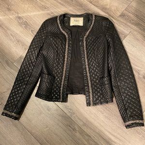 Zara beaded trim black quilted leather jacket SM